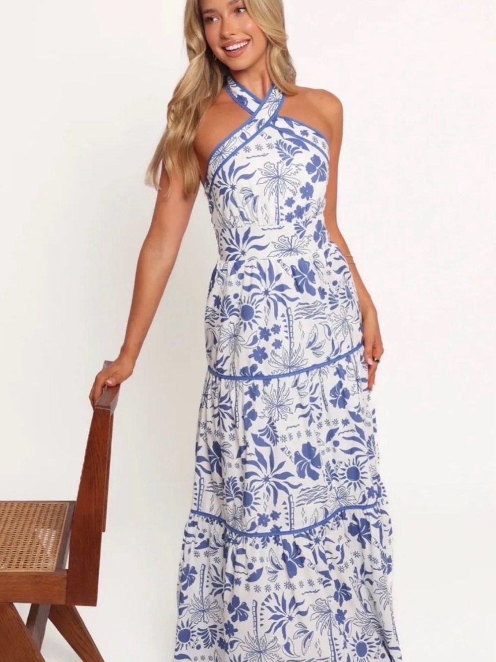 Petal & Pup Blue and White Halter Maxi Dress
